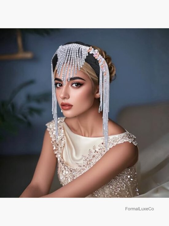 Handmade Rhinestone Tassel Headband, Bohemian Hair Crown, Wide Brim Headwear, main image 4